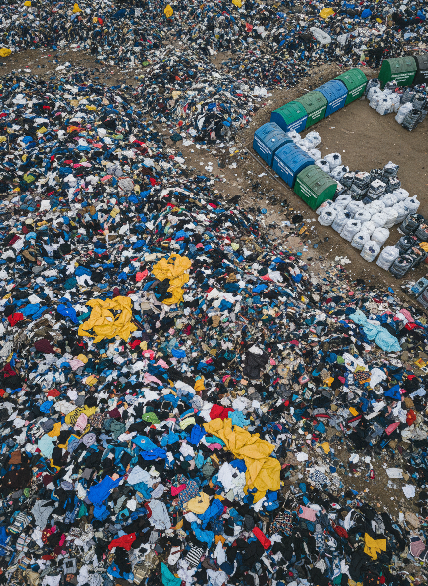 An expansive bird’s-eye view of a landfill area dominated by mounds of discarded clothing in mixed colors and materials, from bright synthetic sportswear to faded cotton shirts and patterned dresses. Among the textile waste, a few clearly labeled donation bins and a tidy corner with neatly sorted garments suggest an alternative path. Overcast daylight creates diffused, even lighting that softens harsh shadows while maintaining realistic detail. The image is composed with strong diagonal lines leading the viewer’s eye from chaotic piles toward the organized area, emphasizing the contrast between waste and responsible disposal. The atmosphere is sobering yet solution-focused, rendered in sharp, photographic realism suitable for an educational nonprofit site.