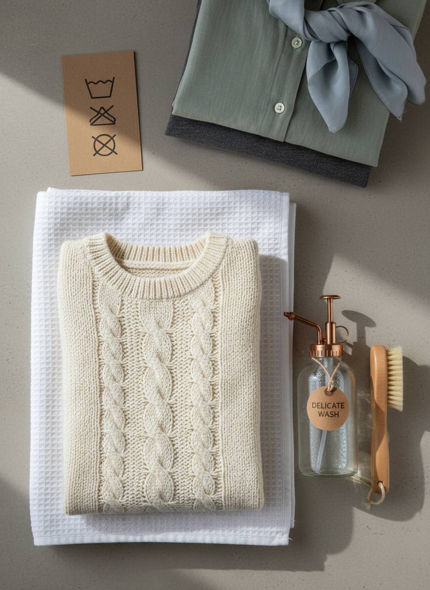 A close-up, top-down photograph of a minimalist home laundry setup: a natural fiber sweater laid flat on a white cotton towel, a glass spray bottle with water and gentle detergent, and a small wooden brush for spot cleaning. Nearby, neatly folded garments and a simple care-symbol card without text suggest proper clothing care. Soft morning light from an unseen window diffuses across a neutral-toned tabletop, emphasizing the fine knit texture and subtle fabric colors. The composition follows the rule of thirds, with negative space that feels calm and orderly. The atmosphere is serene, professional, and instructional, visually reinforcing the concept that careful maintenance can extend garment life and reduce fast fashion waste.